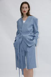 Tailored Belted Linen Blazer with Soft Structure